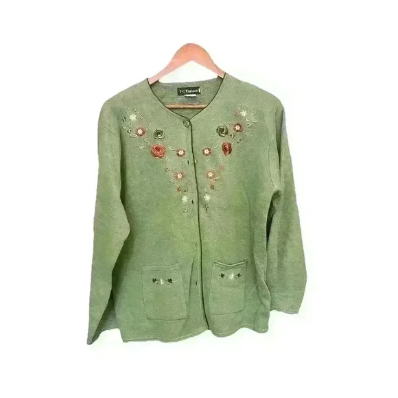 VTG T-C FashionKnits Womens Large Green Mosaic Garden Embroidered Sweater - Picture 1 of 4